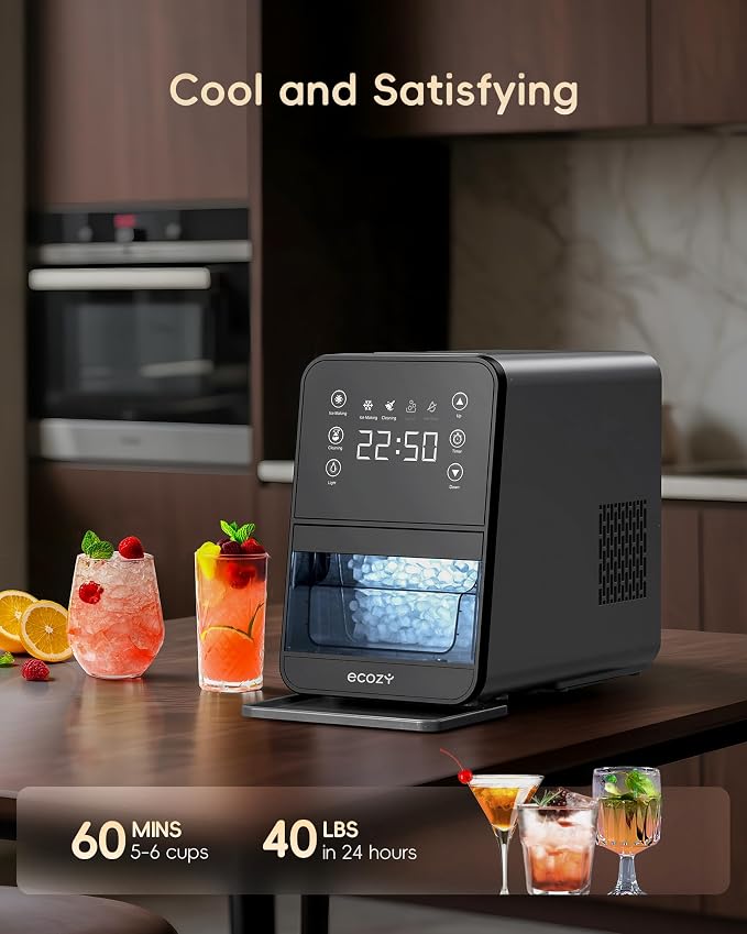 ecozy Nugget Ice Maker Countertop, 40Lbs/Day Chewable Pebble Ice, TDS Meter | Soft Sonic Ice Machine, Self-Cleaning, One-touch Timer, Pull-out Ice Basket, Compact for Home Kitchen Office