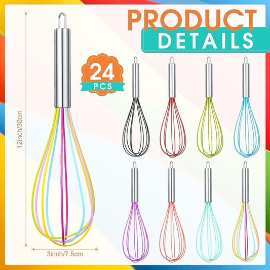 Domensi 24 Pcs 12 Inch Whisks Bulk for Cooking Silicone Whisks Non Scratch Stainless Steel Wisks Large Coated Metal Heat Resistant Egg Beaters for Cooking Party Favor Gift Supplies