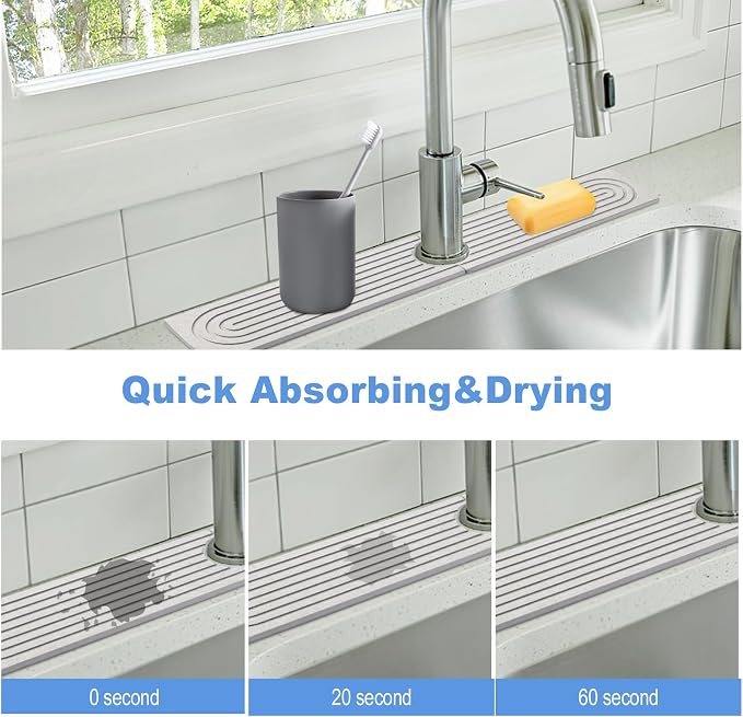 Stone Faucet Mat for Kitchen Sink, Super Water Absorbing,Gray, 15.6"x3.9" | Diatomite, Fast-Drying, Eco-Friendly, Faucet Splash Guard For Bathroom or Kitchen Counter