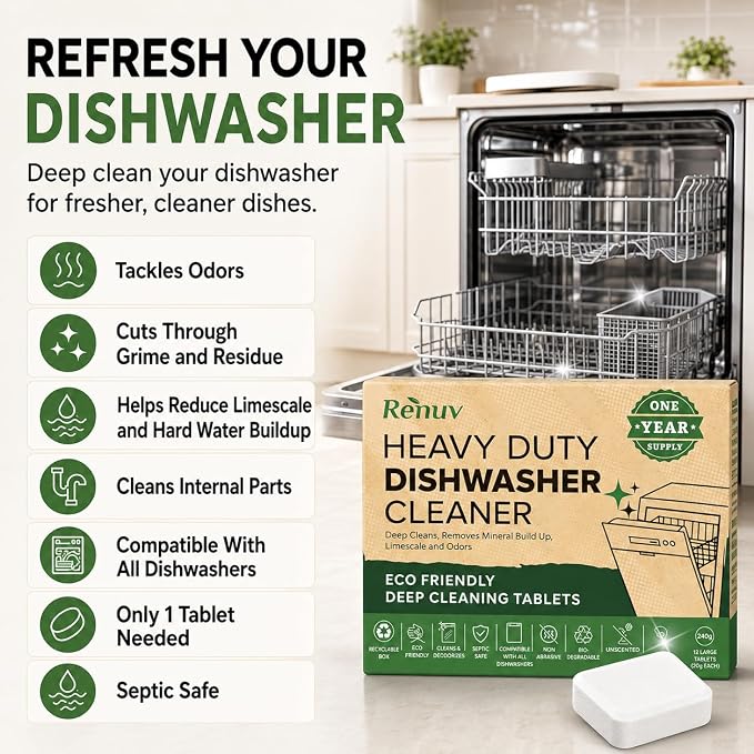 Renuv® Dishwasher Cleaner + Coffee Maker Cleaner Bundle, 12 Tablets Each | Heavy Duty Kitchen Appliance, Deep Cleaning, Descaling and Deodorizing