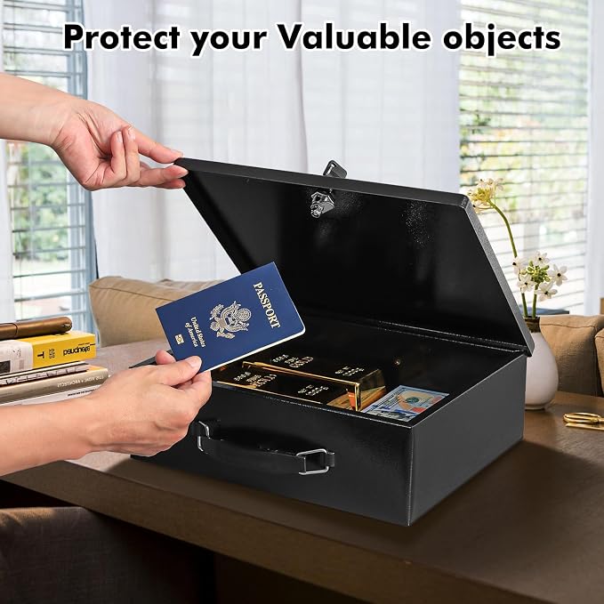 KYODOLED Fireproof Document Box with Key Lock, Large Safe Storage Box for Valuables, Fire Resistance Security Chest, Lock Box for Passport, Cash, Tablet 13.2'' x 11'' x 4.13'' Black