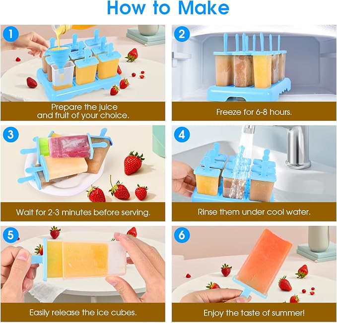 9 Cavities Popsicles Molds, Without BPA Popsicle Molds with Built-in Popsicle Stick, DIY Popsicle Molds with Cleaning Brush and Funnel