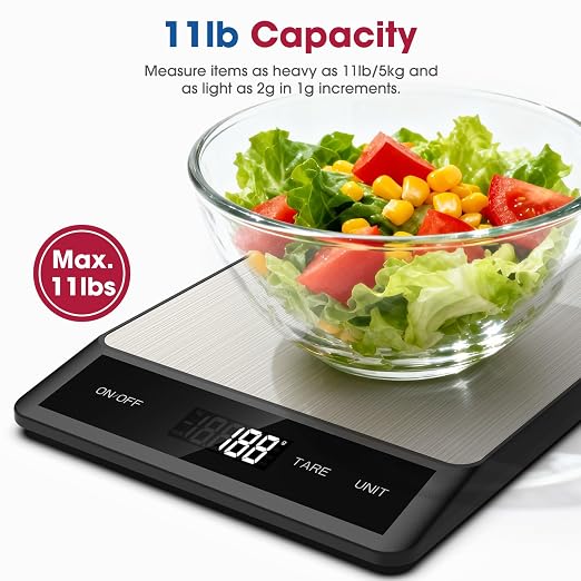 Mik-Nana Food Scale, Digital Kitchen Scale with 6 Units Tare Function | LCD Display, 11lb Stainless Steel Weight Grams and Ounces for Baking, Cooking and Meal Prep (Batteries Included)