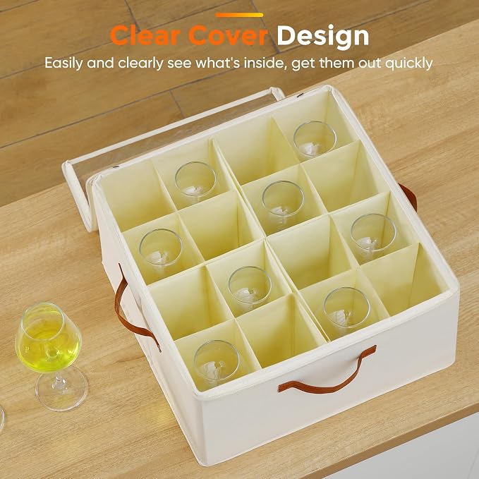 Foyego Wine Glass Storage Box, 2 Pack, Beige | 32 Adjustable Dividers, Hard Shell, Stackable China Storage Containers Holds Stemware, Glassware, Crystal for Packing&Moving