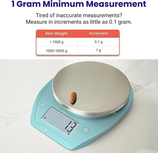 Etekcity Food Kitchen Scale with Bowl, 0.1g, Grams and Ounces | 11lb/5kg capacity with tare, removable bowl, ideal for baking, meal prep and portion control, Stainless Steel, Bright Blue