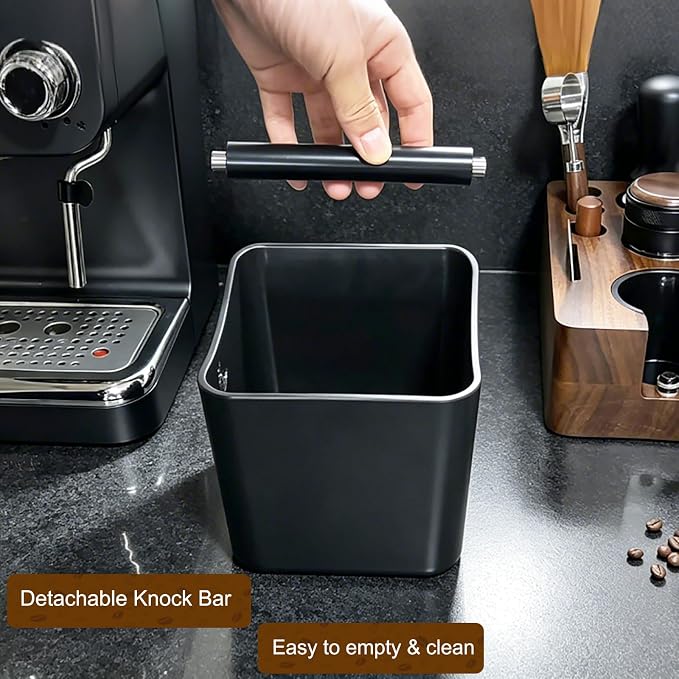 Espresso knock box,Coffee grounds pucks knock box,Coffee Knock Box with Removable Knock Bar and Non-Slip Rubber Base,Shock-Absorbent Durable Espresso Accessories (Black)