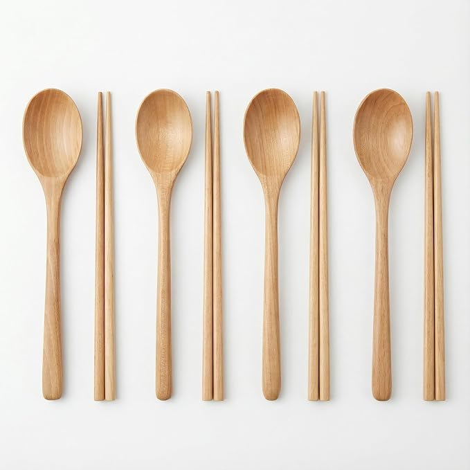 Handmade Wooden Cutlery Set by Diulazin - 4PCS Reusable Spoon and Chopsticks, High-Grade for Daily Use, Parties, Banquets, Buffets, Catering - Eco-Friendly, 9 Inch (Style E)