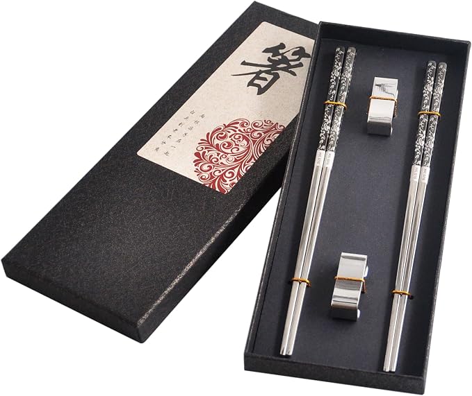 Metal Chop Sticks Reusable Dishwasher Safe with Holder, SUS 304 Stainless Steel Chopsticks, Elegant Chopsticks Reusable Non-Slip Design Gift Set (Metal)