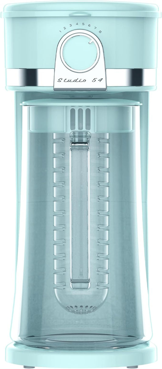 Studio 54 Retro Iced Tea Maker with Infuser, 3QT Glass Pitcher Electric Tea and Coffee Brewer, Adjustable Strength Cold Brew Maker for Iced Coffee, Iced Lattes, Sweet Tea & Fruit Infusions