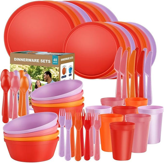 40 Piece Plastic Dinnerware Set for 8 with Cutlery, Unbreakable Plates and Bowls Set, Dishwasher & Microwave Safe Reusable Dish Set for Camping, RV, Outdoor Kitchen, Apartment Dining,Sunset Multicolor