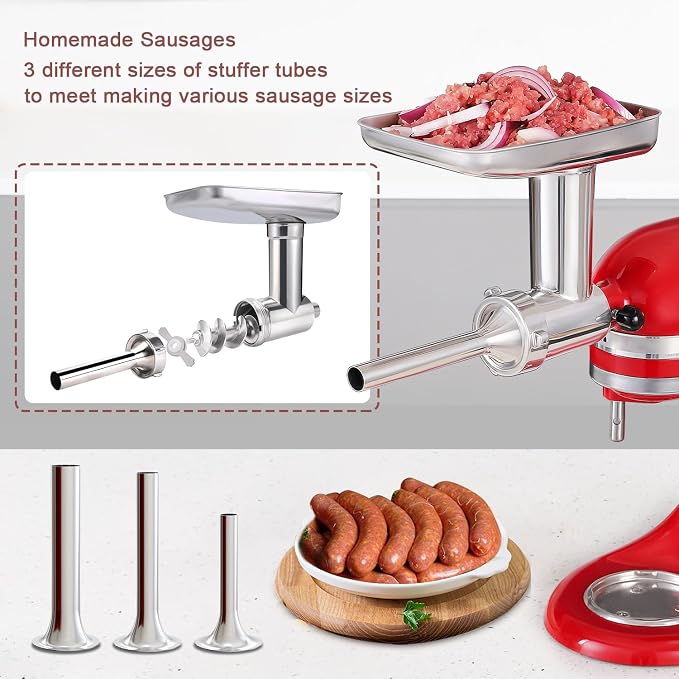 316 Stainless Steel Meat Grinder Attachment for KitchenAid Stand Mixers, 3 Grinding Plates, 3 Sausage Stuffers, All Parts Heavy Duty Meatl Dishwasher Safe