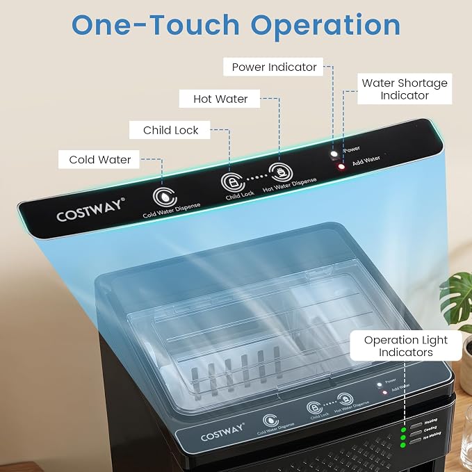 COSTWAY Water Dispenser with Ice Maker, 3 in 1 Bottom Loading Water Cooler for 5-Gal Bottle, Stainless Steel Hot and Cold Water Dispenser, 9 Cubes/7 Min, 33 LBS/24H Bullet Ice Cubes, Child Lock