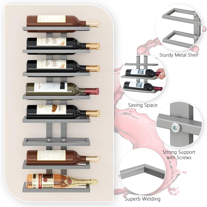 Hoctieon 3-Set 8 Tier Wall Mount Wine Rack (24 Tiers), Wall Racks for Wine Bottles Display and Storage, Hanging Bottle Organizer for Living Room, Dining Room, Wine Cellar, Bar, Grey