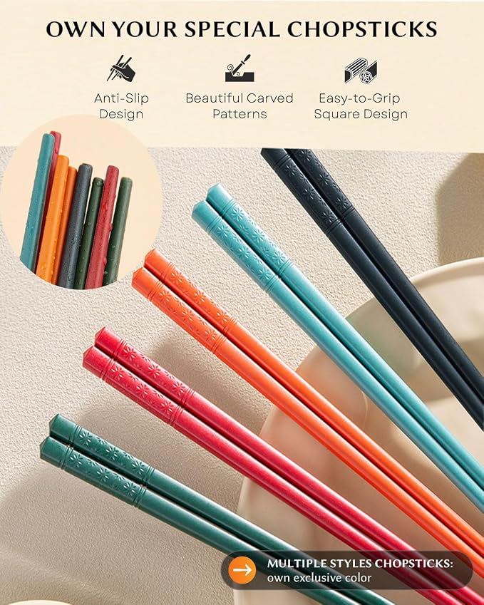 Reusable Chopsticks for Beginner- Fiberglass Training Chop sticks, 10 Pairs Non-Slip Chopsticks Helpers Set, Japanese Chop Sticks Dishwasher Safe 9.45Inch