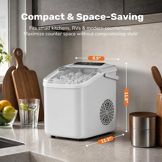 Sweetcrispy Countertop Ice Maker with Scoop, Basket and Handle, Portable Ice Machine 9 Cubes Ready in 6 Mins, 26.5lbs in 24Hrs, 2 Sizes for Home Kitchen Office Bar Party