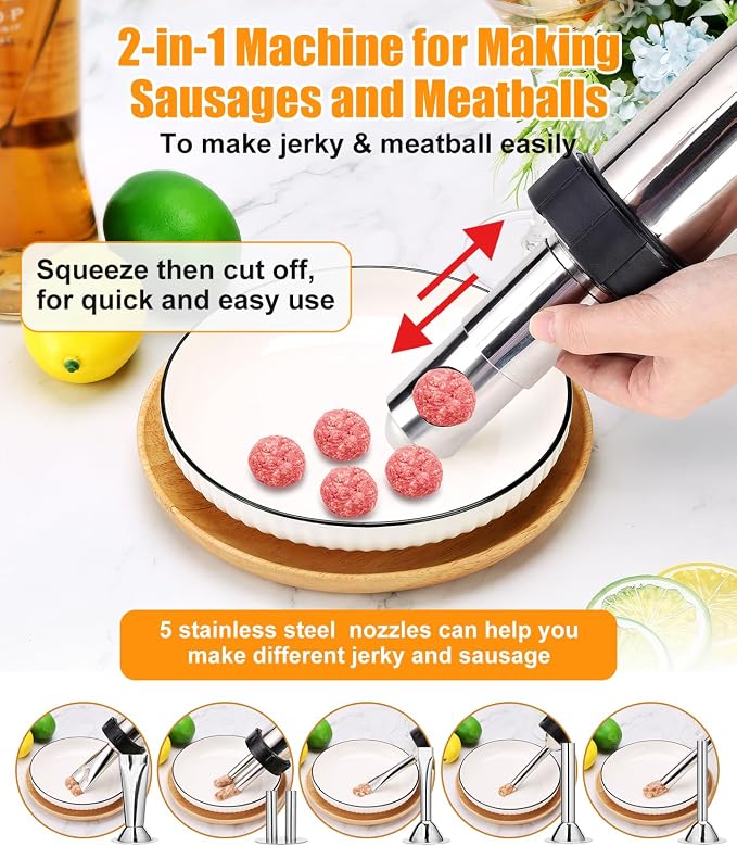 5rd Gen 2.5 LB Jerky Gun Kits, Jerky Maker Gun, Meatball Maker, Stainless Steel Sausage Stuffer Jerky Making Gun with 6 Stainless Nozzles, 2 Cleaning Brushes, 1 Stomper, Gifts for Women Men