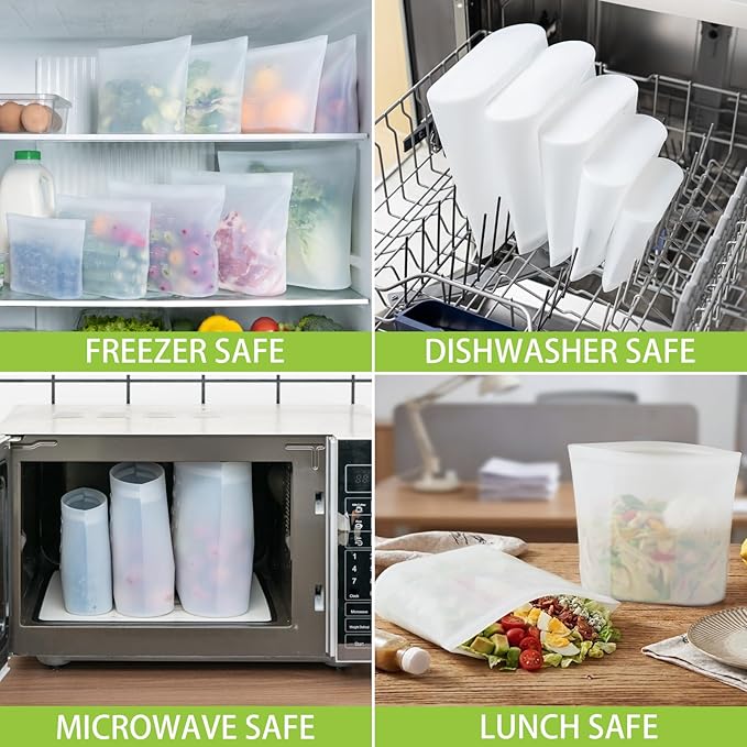 100% Silicone Reusable Storage Bag, 9 Pack Stand-Up Wide-Mouth Zip-Lock Food Storage Bags, Easy-Fill Easy-Open Easy-Clean Space-Saving, Microwave & Dishwasher Safe, 1 XL/3 L/1 M/3 S/1 XS, Translucent