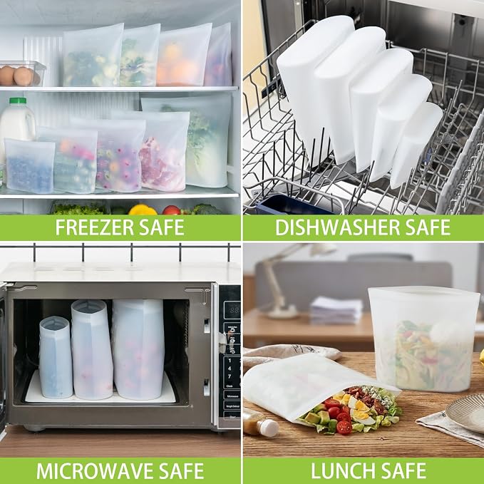 100% Silicone Reusable Storage Bag Quart Size, 6 Pack Stand-Up Wide-Mouth Zip-Lock Food Storage Bags, Easy-Fill Easy-Open Easy-Clean Space-Saving, Microwave & Dishwasher Safe, 34oz, Translucent