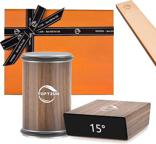 Toptzon Diamond Walnut Rolling Knife Sharpener – Roller Knife Sharpener Kit with 15 & 20 Degree Magnetic Angle Stand & Leather Strop Paddle Kit - Easy Sharpening for Kitchen Knife (Modern Walnut)
