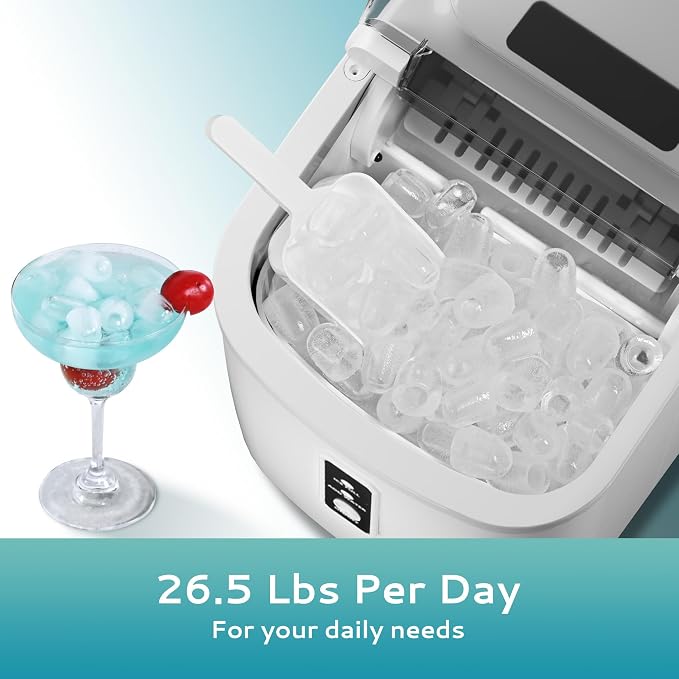 EUHOMY Countertop Ice Maker Machine with Handle, 26.5lbs Per Day, 9 Cubes in 6 Mins, Auto-Cleaning Portable Ice Maker with Basket and Scoop, for Home/Kitchen/Camping/RV (White)
