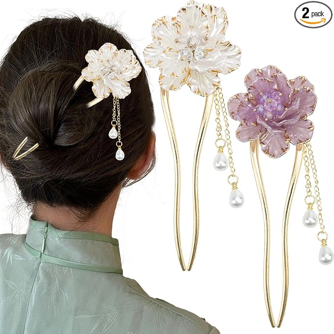 Vintage Pearl Chinese Hair Sticks, Pink and Gold Flower Design, Metal Hair Pins with Tassel, Traditional Oriental Style Hair Chopsticks for Women, 2 Pack