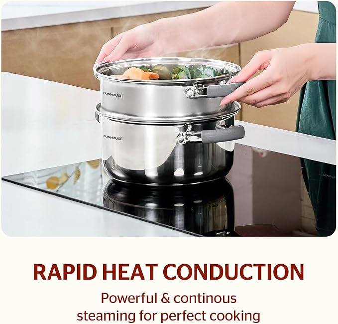 Sunhouse: 3 Quart Stainless Steel Steamer Pot - 2-Tier Cookware, Tempered Glass Lid, Stay-Cool Silicone Handles, 3-Ply Bottom, Dishwasher & Oven Safe | Steaming Pot with Glass Lid & Steamer Basket - 2 Tier Tri-ply Stovetop Steamer For Vegetable, Veggie...