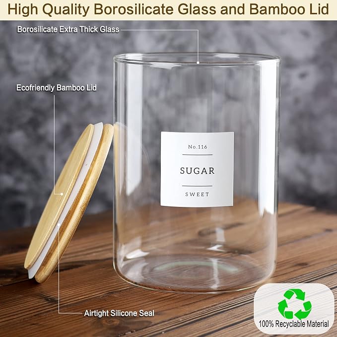 CZSZYGHBAO Large Glass Flour and Sugar Containers Jars with Bamboo Airtight Lid - 100 Fl Oz (3000ml) with Kitchen 42 Pantry Labels for Dry Food, Flour, Pasta, Cereal