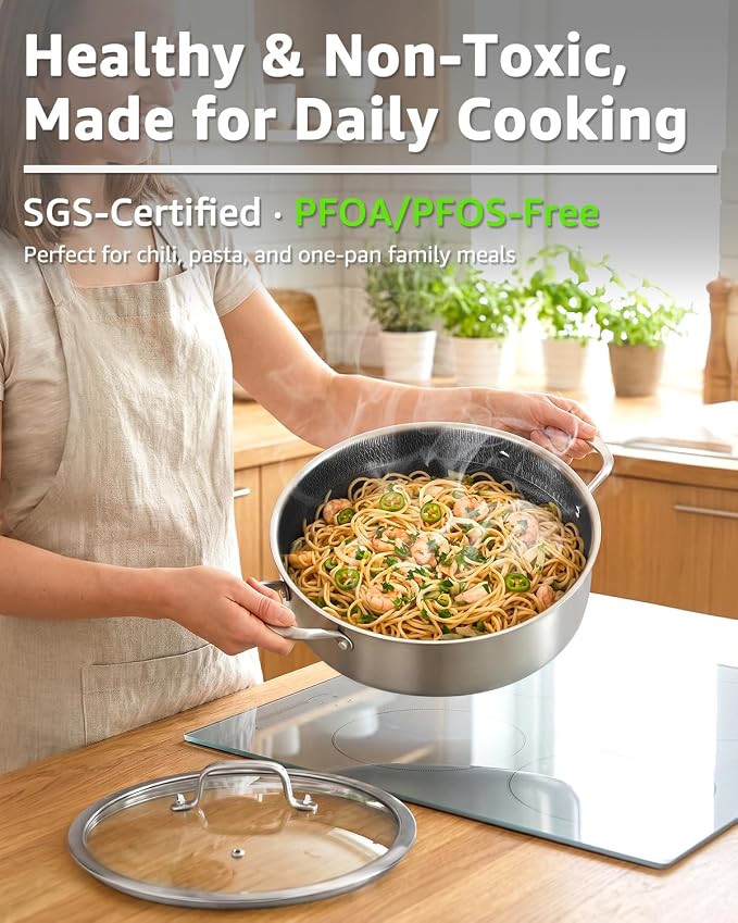 LOLYKITCH 5-Quart Deep Frying Pan with Lid | 12 Inch | Riveted Handles | Ceramic Nonstick | Tri-Ply Stainless Steel Skillet | Saute Pan | Hybrid Cookware | Oven & Induction Ready | 3-5 Servings