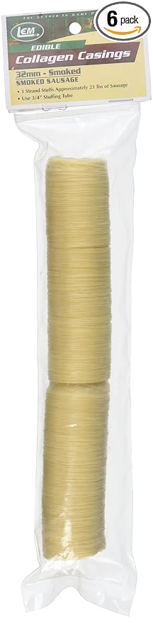 LEM Products Clear Smoked Collagen Casings, 32mm, Edible Sausage Casings, Stuffs Approximately 21 Pounds Per Pack, Great for Snack Sticks, Hot Dogs, Metts, Andouille, Brats, and More, 2-Pack