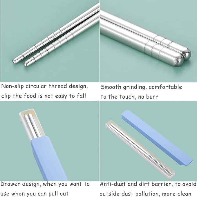 Portable Chopsticks with Pull Design Case, Reusable Metal Stainless Steel Chopstick Travel Utensil for School Home Office Outdoor Camp Bento Box Use, Dishwasher Safe
