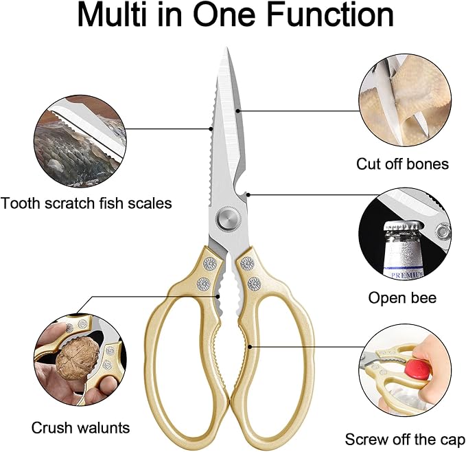 CGBE Kitchen Scissors All Purpose Heavy Duty, Ultra Sharp Stainless Steel Kitchen Shears Dishwasher Safe, Cooking Shears for Chicken, Poultry, Fish, Meat, Herbs & Grapes with Non-Slip Grips - Gold