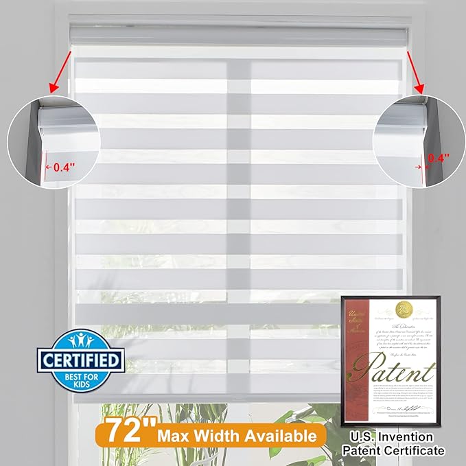 Persilux Cordless Zebra Blinds for Windows, Roller Shades for Windows (17" W x 47" H, White) Dual Layer Fabric for Day and Night,Room Darkening Shades for Home, Office, Bedroom and Living Room