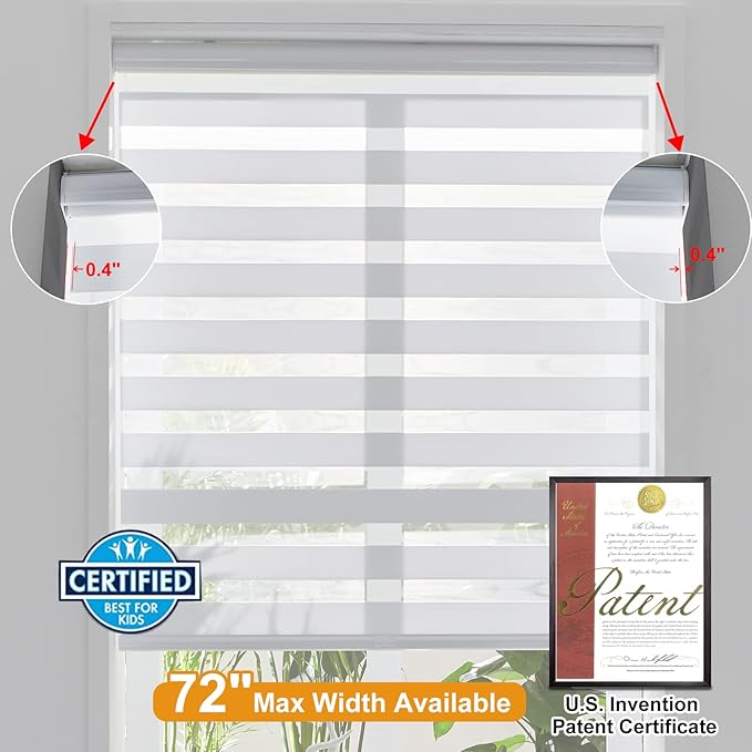Persilux Cordless Zebra Blinds for Windows Free-Stop Window Shades (33" W X 64" H, White) Dual Layer Light Control for Day and Night, Light Filtering Sheer Shades for Home, Bedroom, Easy to Install