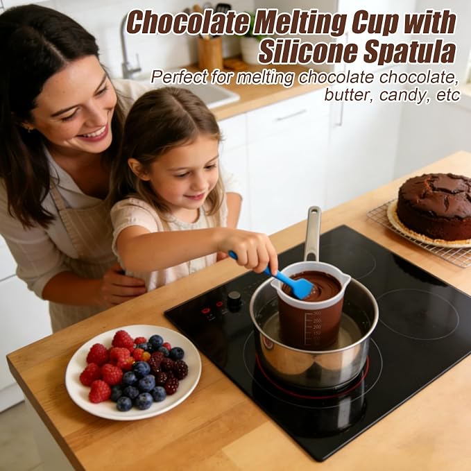 Juome Silicone Chocolate Melting Cup Set with 4PCS Silicone Measuring Cups for Melting Chocolate (250ml, 350ml) & 4PCS Jar Spatulas, Heat-Resistant, Baking Supplies Accessories for DIY Chocolate Molds