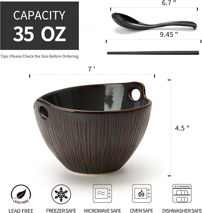 Ramen Bowl with Chopsticks and Spoons Set, 7 Inch Ceramic Noodle Bowl Set of 2, Dishwasher Safe for Pho Udon Soba Noodle Salad Pasta, Special Reactive Glazed Bowls Set, Amethyst Veil