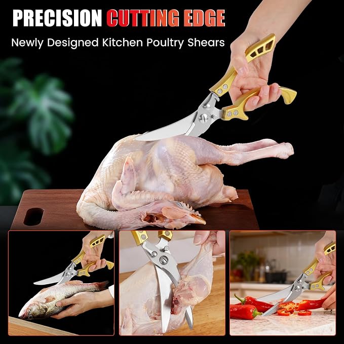 ANDONG Heavy Duty Kitchen Poultry Shears,Protective Sheath&Cleaning Cloth | Ultra-Sharp Stainless Blades,Serrated Edge, Spring Loaded, Dishwasher Safe,Cutting Food Cooking Meat Poultry Kitchen Utensils