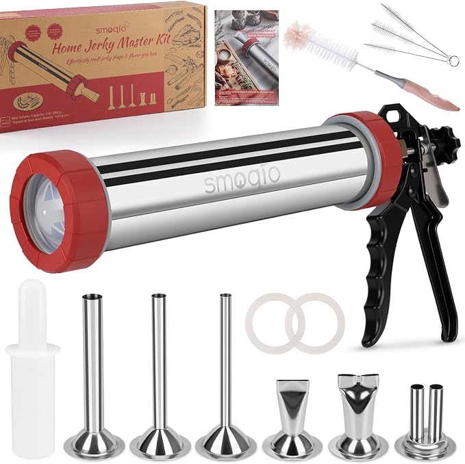 2LB Jerky Gun Kits, 304 Stainless Steel Beef Jerky Gun | 6 Versatile Nozzles, Suitable for 19mm Snack Stick, Aluminum Alloy Handle, Meat Maker with 4 Cleaning Brushes, 1 Meat Pusher