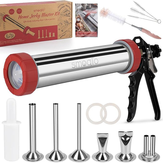 2LB Jerky Gun Kits, 304 Stainless Steel Beef Jerky Gun | 6 Versatile Nozzles, Suitable for 19mm Snack Stick, Aluminum Alloy Handle, Meat Maker with 4 Cleaning Brushes, 1 Meat Pusher