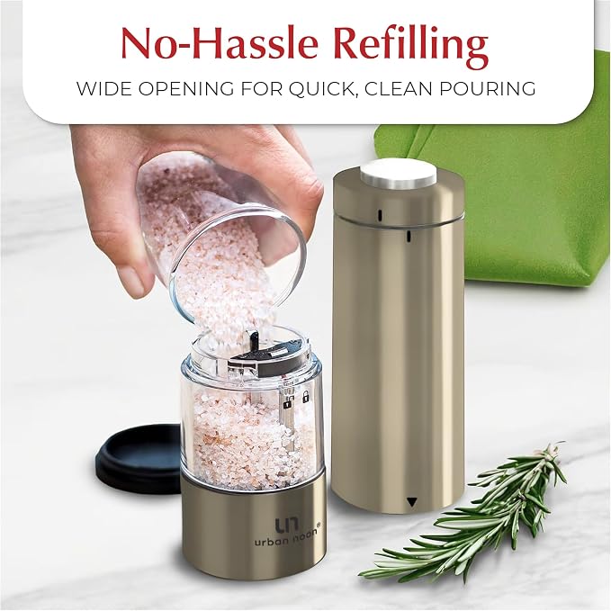 Urban Noon Electric Salt and Pepper Grinder Set (2 Mills, 8.1" Tall) - One-Handed Battery Operated Push-Button Mills with LED Light, Adjustable Ceramic Coarseness, 1-Year Warranty - Champagne