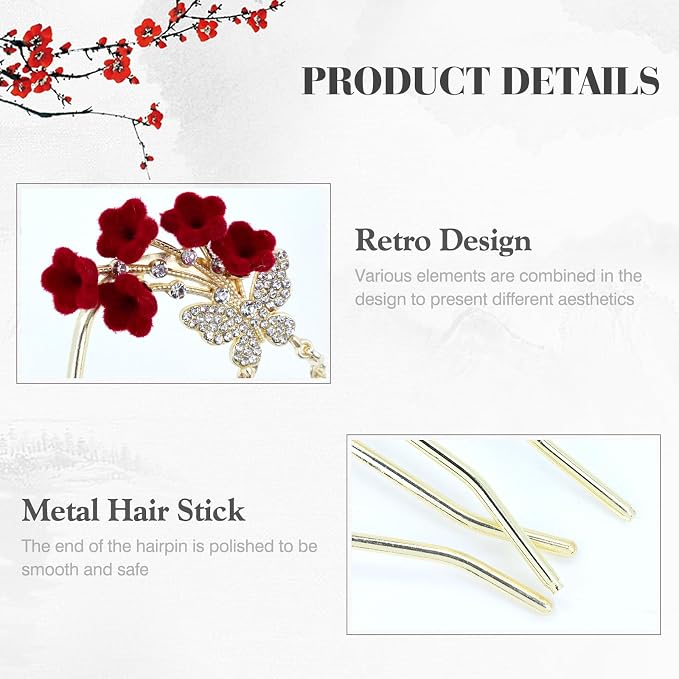Lawie 10 Pack Cute Flower Butterfly U Shaped Gold Metal Hair Fork Pins Curved Chopsticks for Hair Sticks with Dangles French Hair Pins Bun Holder Decorative Hair Accessories for Women Girls (Red)
