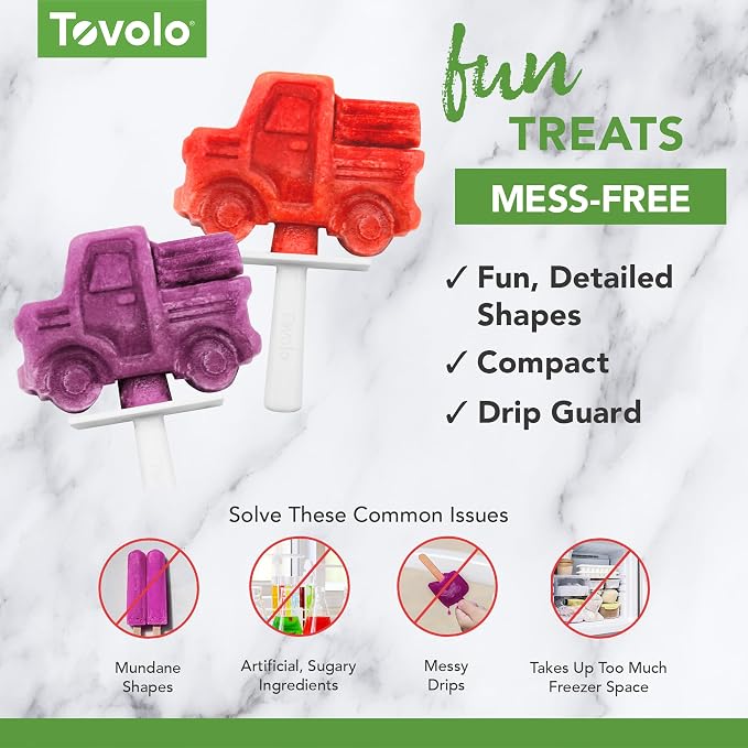 Tovolo Truck Popsicle Mold Pack of 4 Silicone Ice Pop Makers with Sticks for Kids, Stackable Construction Vehicle Shaped Frozen Treats, BPA Free Dishwasher Safe Truck Molds for Popsicles