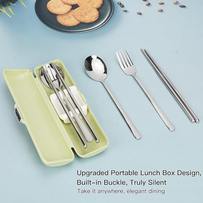 Reusable Travel Utensils with Case, Portable Cutlery for Work | Cute Silverware Set for Lunch Box, Stainless Steel Spoon Fork Chopsticks for Camping, Picnic, Food-Grade, Dishwasher Safe