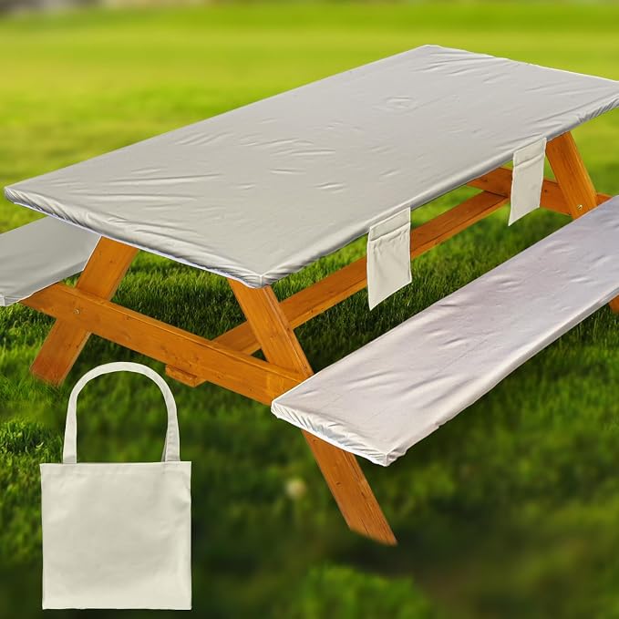 Wrakus Picnic Table Cover with Bench Covers Vinyl Elastic Edges Fitted Rectangle Seat Tables Waterproof 3-Piece96X30in Set Outdoor Rectangular Folding Backing Tablecloth for Camping Over Size
