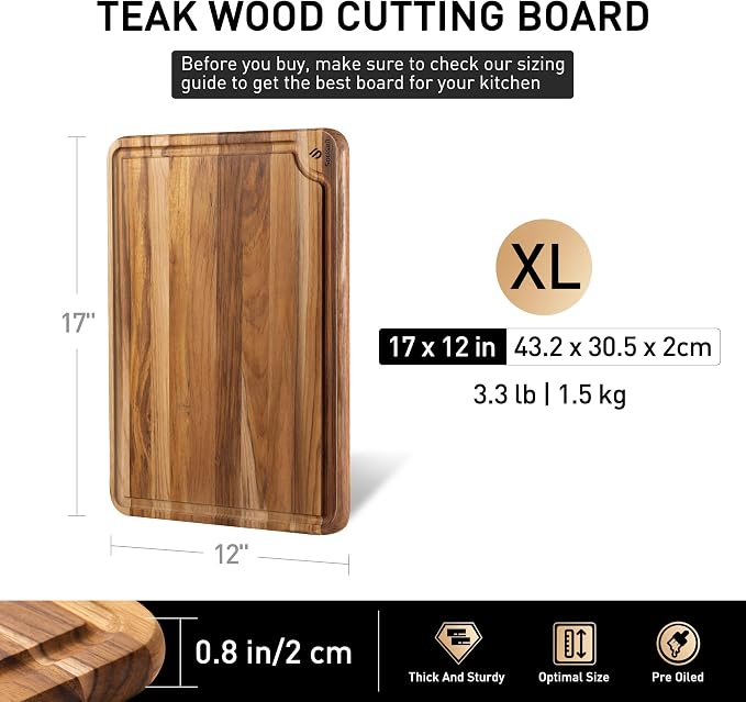 Teak Wood Cutting Boards for Kitchen 17'' Wooden Bamboo Serving Board Meat | Heavy Duty, Over Sink, Solid Thick, Haus Wooden Chopping Board, Meat, Easy to Clean, Non Toxic, Best Kitchen Essential Gift