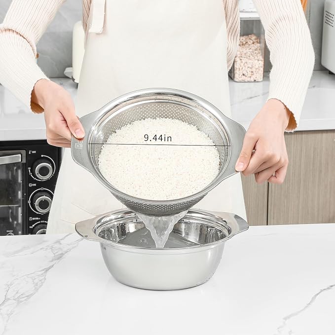 Paoli 304 Stainless Steel Fine Mesh Colander Set, 2.5QT Large Capacity Strainer with Mixing Bowl — Rinse Fruits, Veggies, Rice & Drain Pasta, Dishwasher Safe (2-Piece)