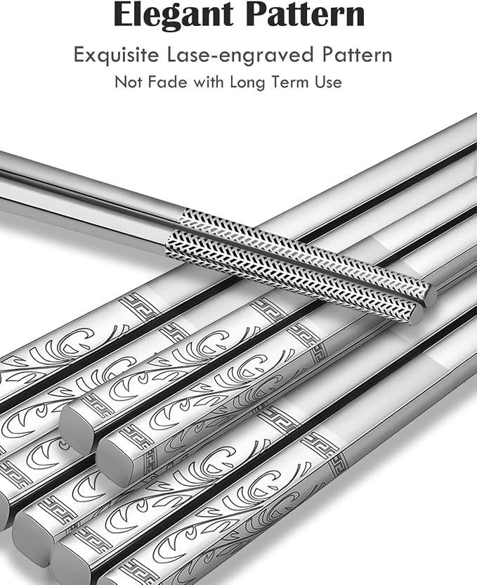 Metal Chopsticks,SUS304 Stainless Steel,5 Pairs Gift set,Reed | Dishwasher Safe,Non-Slip Grip,Good for Beginners,Come in a Gift Box,SUS304 Resistant to Rust,Square,Chop Sticks Silver,9.25''