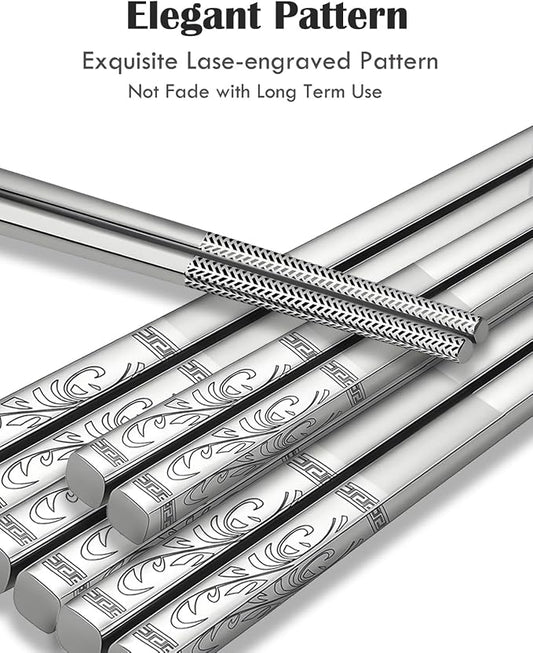Metal Chopsticks,SUS304 Stainless Steel,5 Pairs Gift set,Reed | Dishwasher Safe,Non-Slip Grip,Good for Beginners,Come in a Gift Box,SUS304 Resistant to Rust,Square,Chop Sticks Silver,9.25''