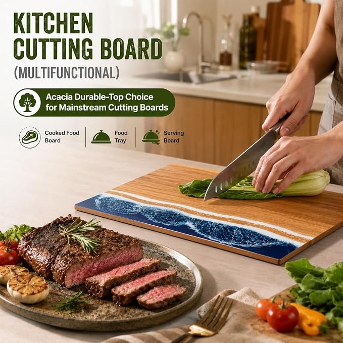 Ocean Resin Charcuterie Board, Handmade Acacia Wood Cutting Board, Decorative Serving Tray for Cheese Fruit Meat Vegetable, Stylish Kitchen Accessory, Ideal Housewarming Wedding Gift
