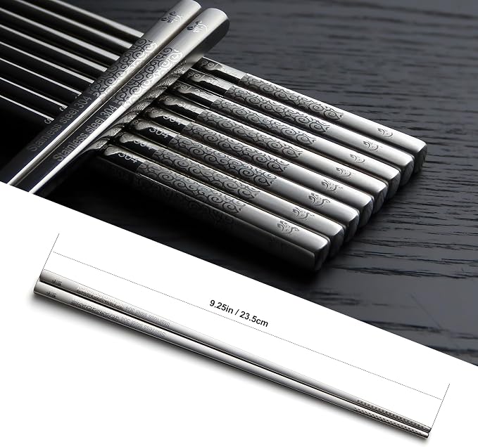 IQCWOOD 18/8 Stainless Steel Chopsticks, 5 Pairs Reusable Metal Chopsticks with Laser Engraved, Dishwasher Safe Non-Slip Square Japanese Korean Style for Cooking Eating, 9 1/4 Inches Gift Set
