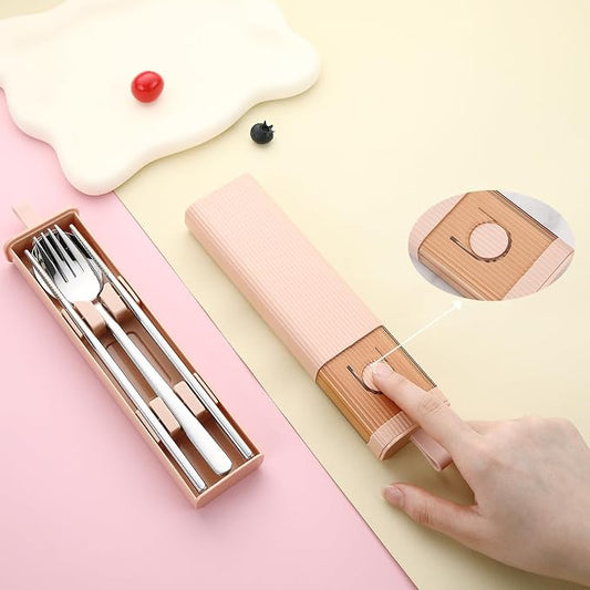 DEVICO Travel Utensils with Case, 4Pcs Korean Chopsticks Fork and Spoon Set | 18/8 Stainless Steel Portable Cutlery Set, Reusable Silverware for Lunch Box/Camping/Work/School, Dishwasher Safe, Pink